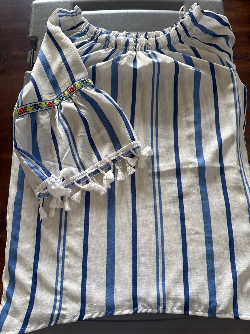Blue & White Striped Kids blouse with Tassel Sleeve